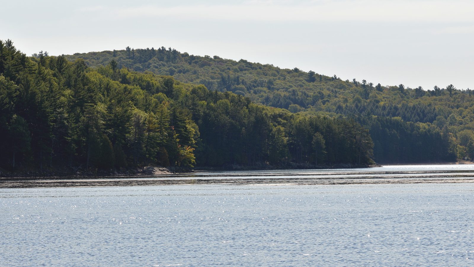 Open water of Lac la Pêche backed by forested hills in Gatineau Park